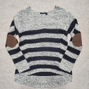 RDI Striped Knit Hi-Low Sweater Med‎ Elbow Patch Boat Neck Pullover Cozy Casual